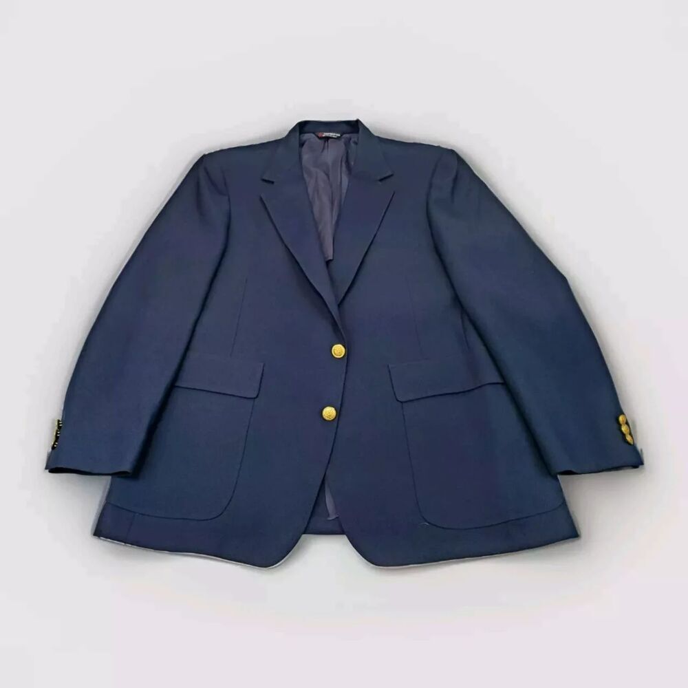 Vintage Blazer Men's Sportcoat Navy Blue 44S Visa Made In USA 2 Button Gold